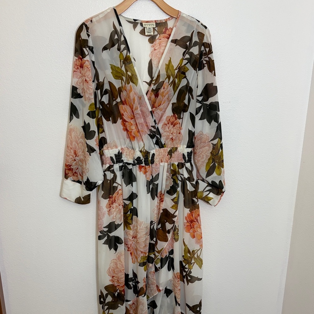 NWOT En Focus Sheer Floral Hi Low Maxi Dress Pink Cream Olive